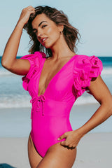 Solid Color Girly Ruffle Sleeve One Piece Swimwear