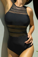 Sheer Mesh Patchwork Flattering Open Back One Piece Swimwear