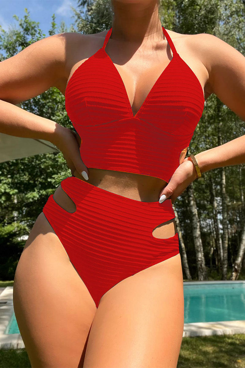 Solid Color Beachy Lace-Up Cutout Bikini