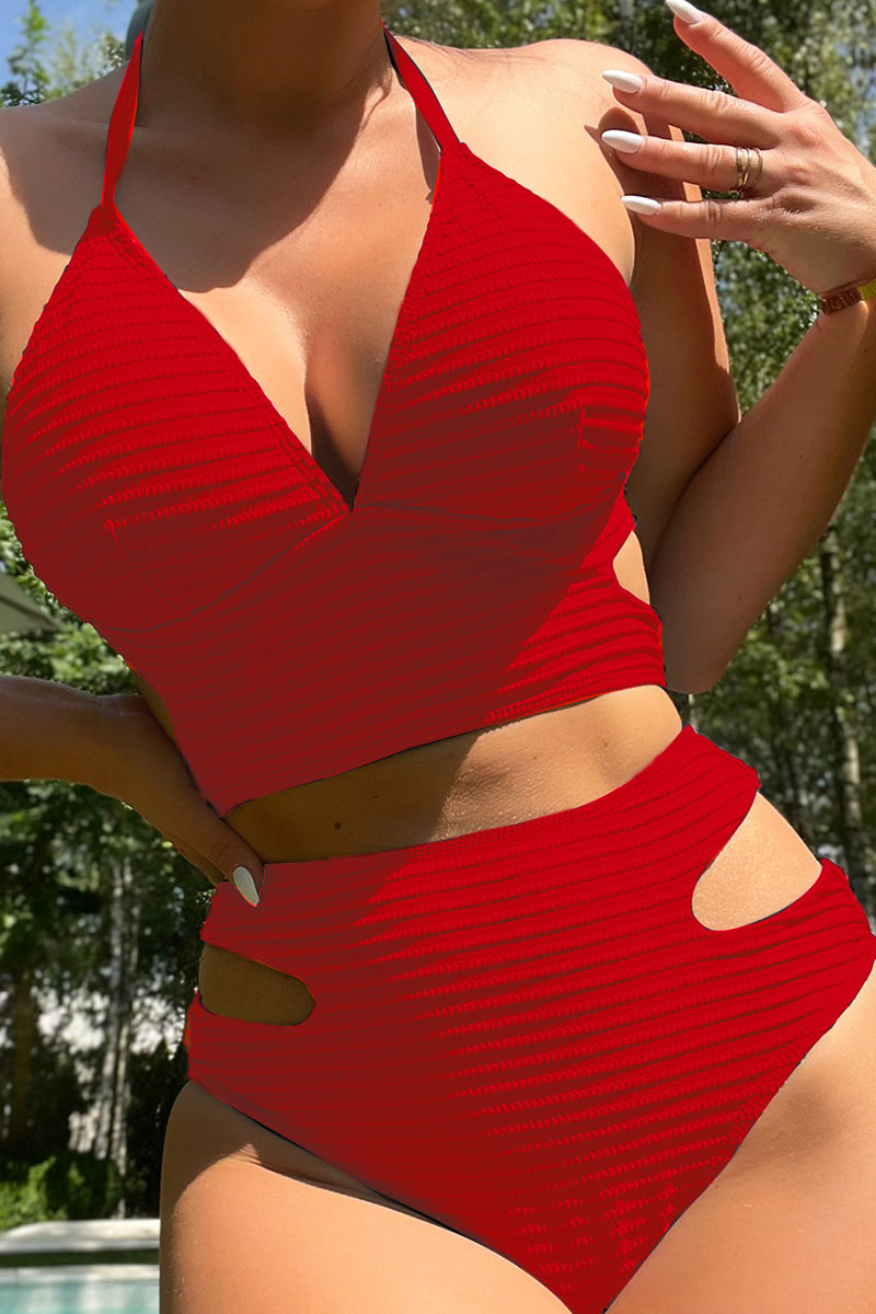 Solid Color Beachy Lace-Up Cutout Bikini