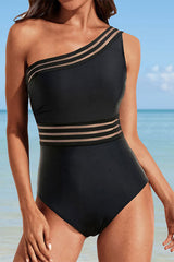 Mesh Tape Patchwork Laid Back One Shoulder One Piece Swimwear