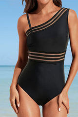 Mesh Tape Patchwork Laid Back One Shoulder One Piece Swimwear