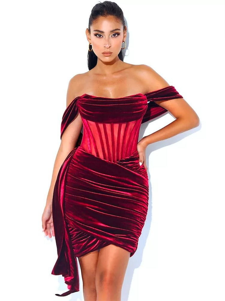 WINE RED VELVET CORSET MINI DRESS