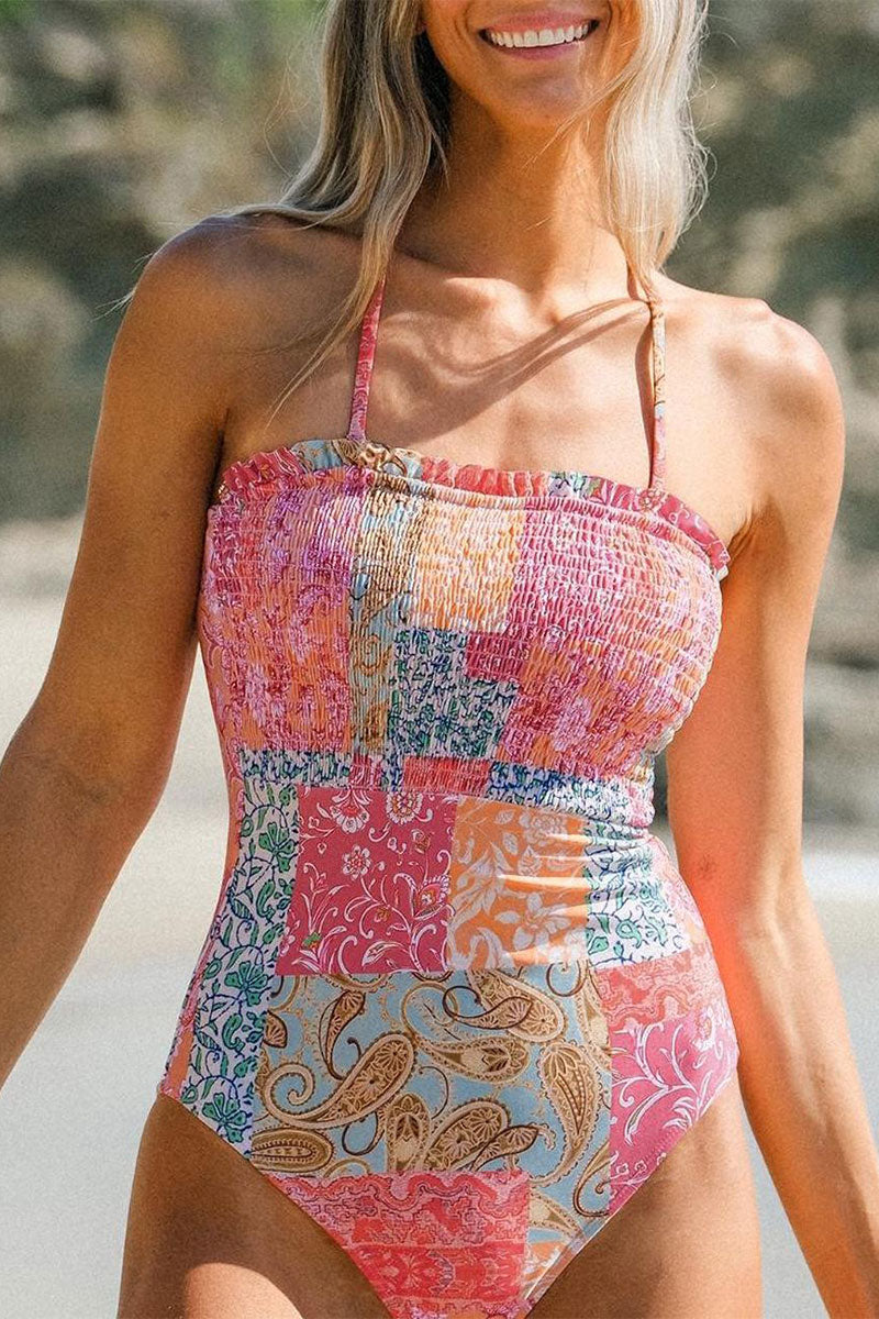 Paisley Print Strap Shirred Ethnic Halter Collar One Piece Swimwear