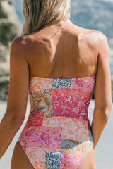 Paisley Print Strap Shirred Ethnic Halter Collar One Piece Swimwear