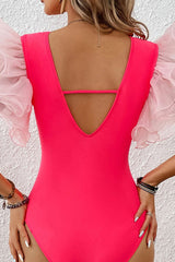 Patchwork Tulle Ruffle Sleeve Cute Cutout One Piece Swimwear