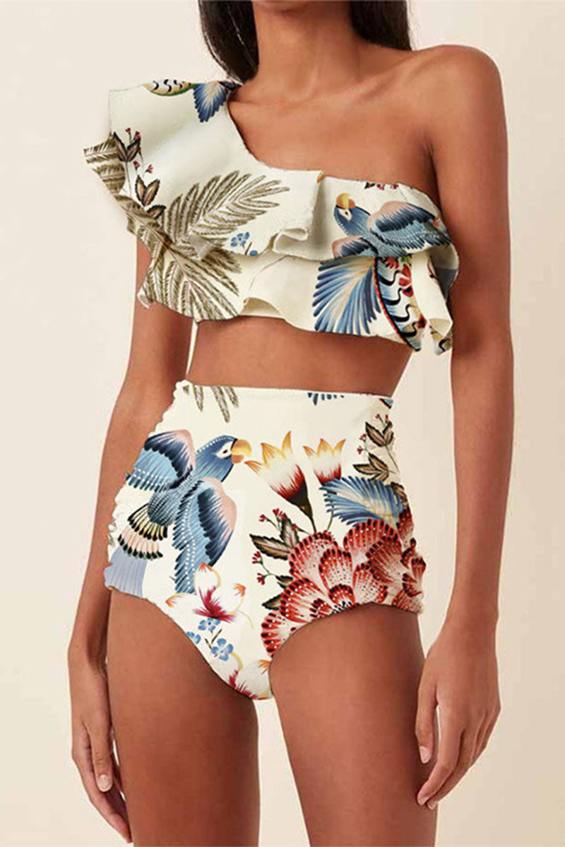 Natural Print Retro One Shoulder Ruffle Overlay Bikini