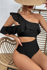 Solid Color Glamorous Ruffles Cutout Asymmetric One Piece Swimwear