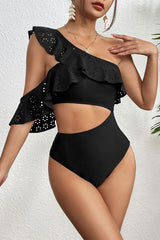 Solid Color Glamorous Ruffles Cutout Asymmetric One Piece Swimwear