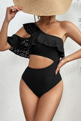 Solid Color Glamorous Ruffles Cutout Asymmetric One Piece Swimwear