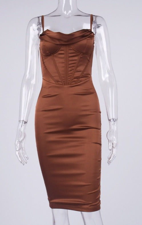 SATIN CORSET SLIP DRESS IN CHOCOLATE