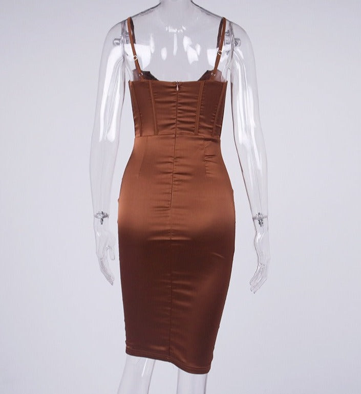 SATIN CORSET SLIP DRESS IN CHOCOLATE