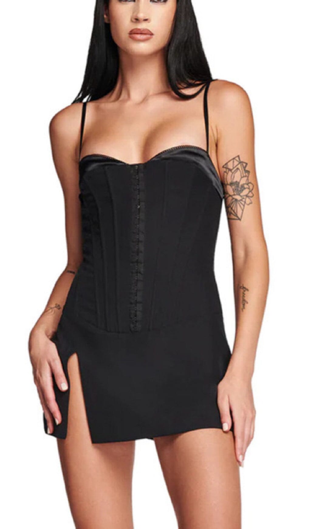 FISHBONE SUSPENDER MINI DRESS IN BLACK