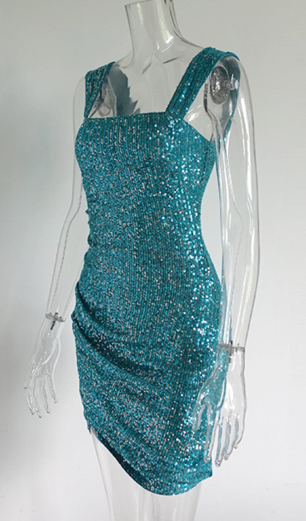 SQUARE-NECK SEQUIN SUSPENDER DRESS IN BLUE