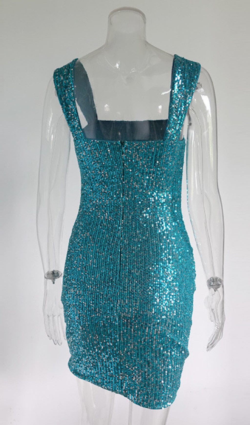 SQUARE-NECK SEQUIN SUSPENDER DRESS IN BLUE