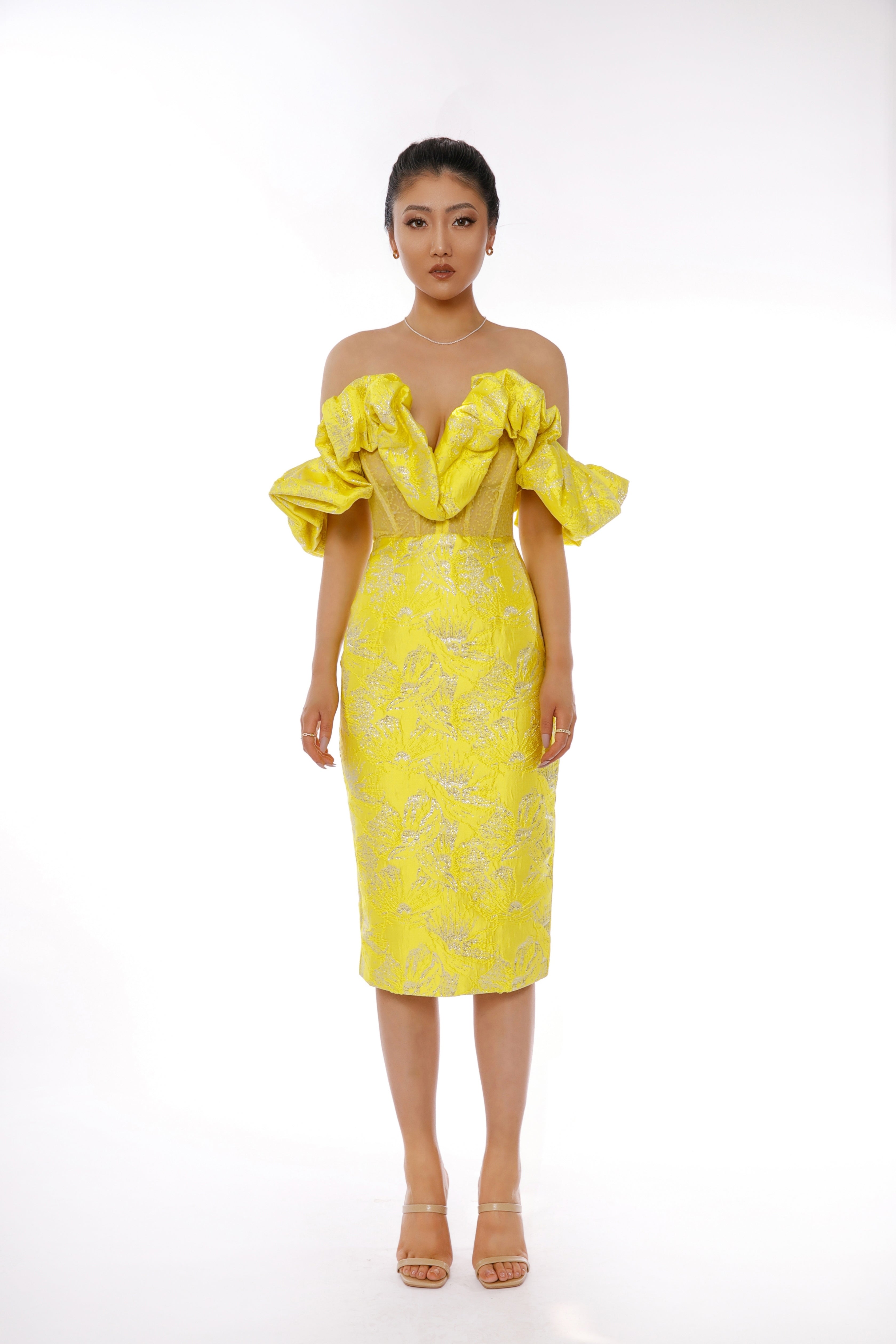 JACQUARD STRAPLESS MIDI DRESS IN YELLOW