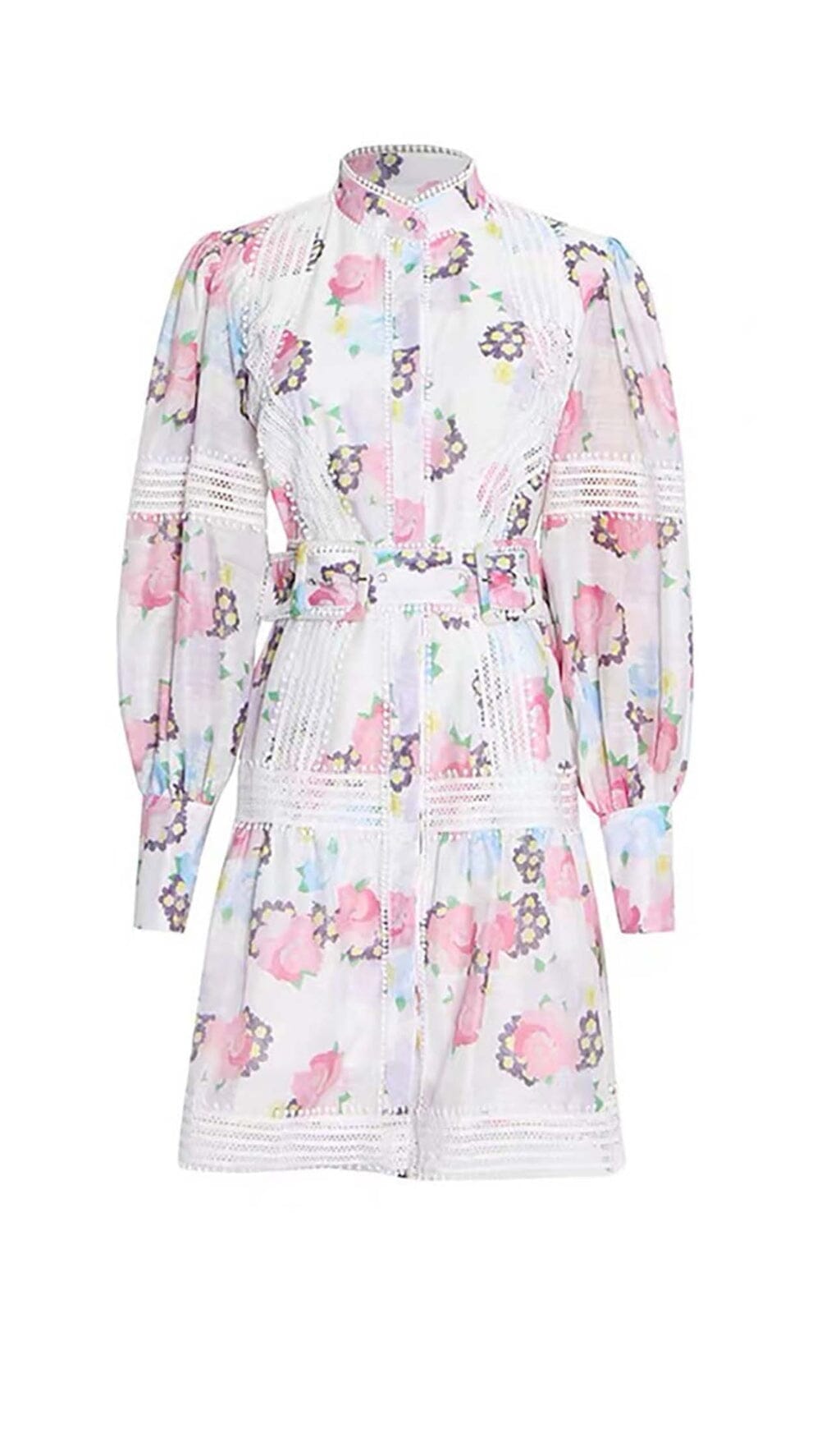 LACE TRIM LANTERN SLEEVE MINI DRESS IN FLORAL