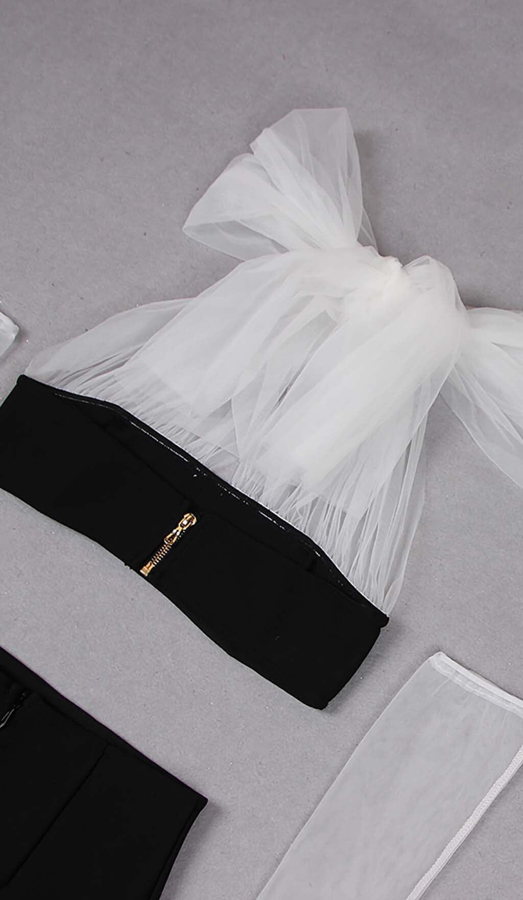 LEATHER BANDEAU CROSSOVER TULLE TWO PIECE IN BLACK