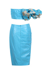 LEATHER STRAPLESS TWO PIECE SET IN BLUE