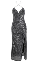 MIDI DRESS WITH SEQUINS SLITS IN SLIVER