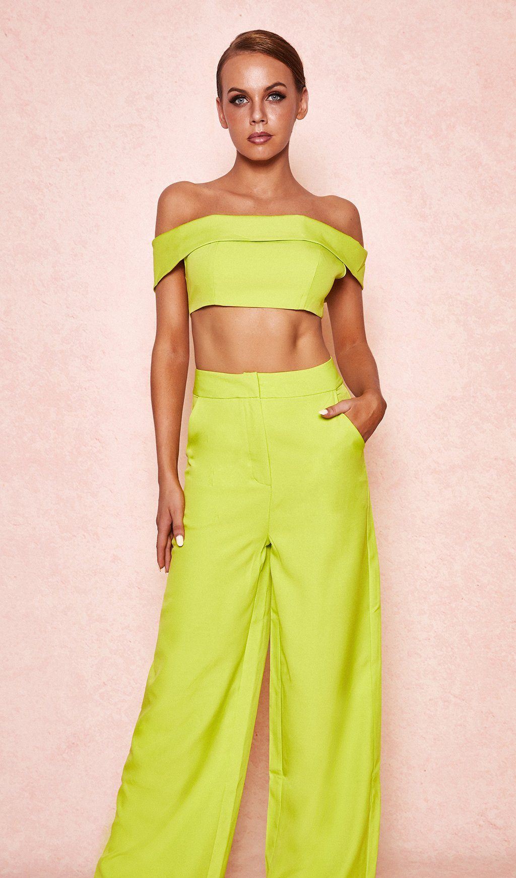 NEON GREEN OFF SHOULDER BANDEAU TOP