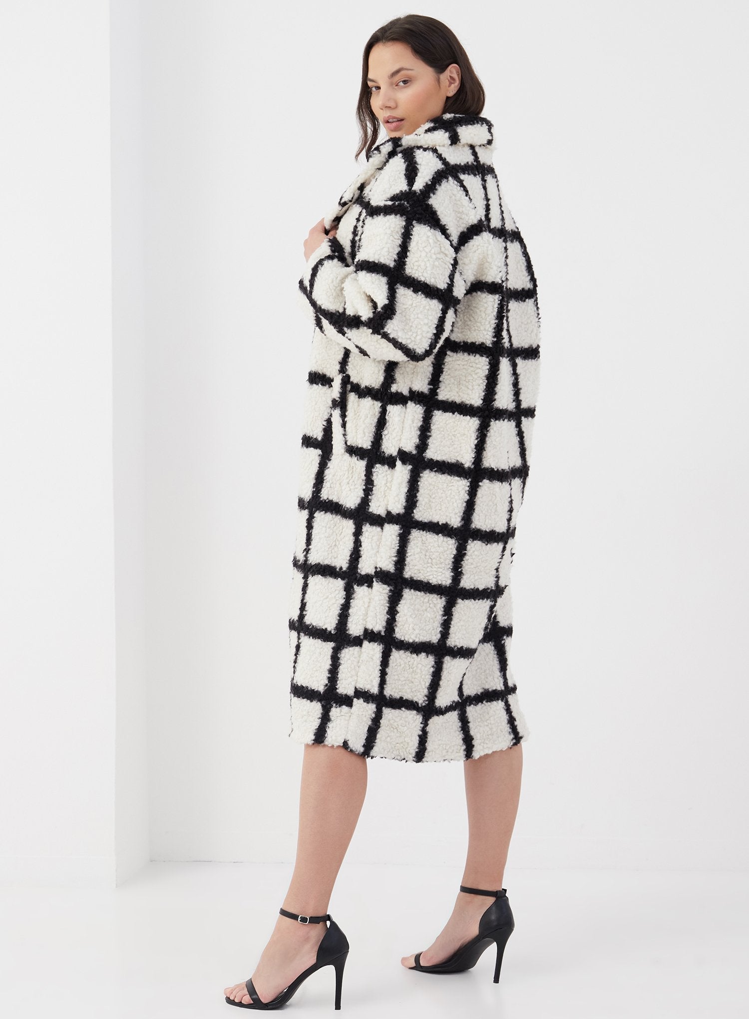 Nina Faux Fur Check Coat Cream And Black