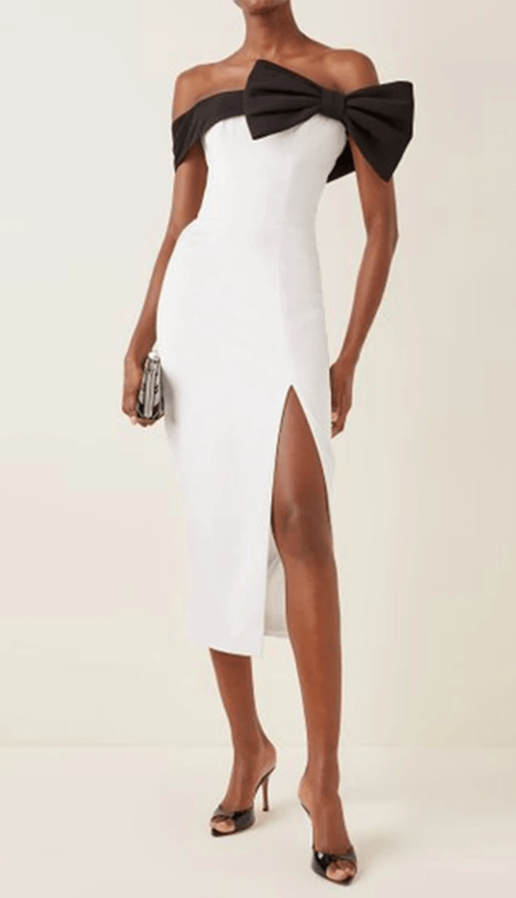 OFF SHOULDER BANDAGE MIDI DRESS IN WHITE