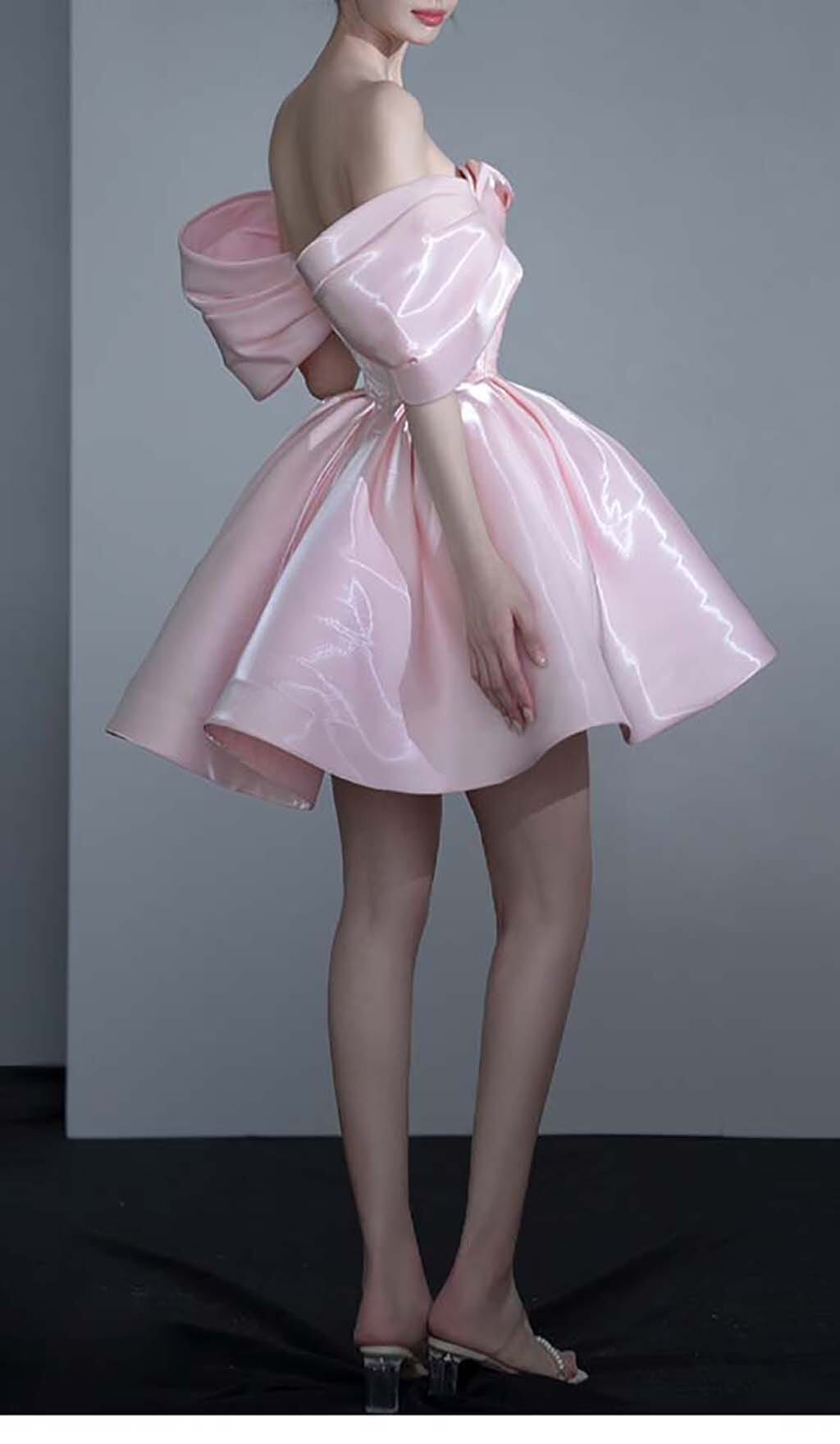 OFF SHOULDER SATIN MINI DRESS IN PINK