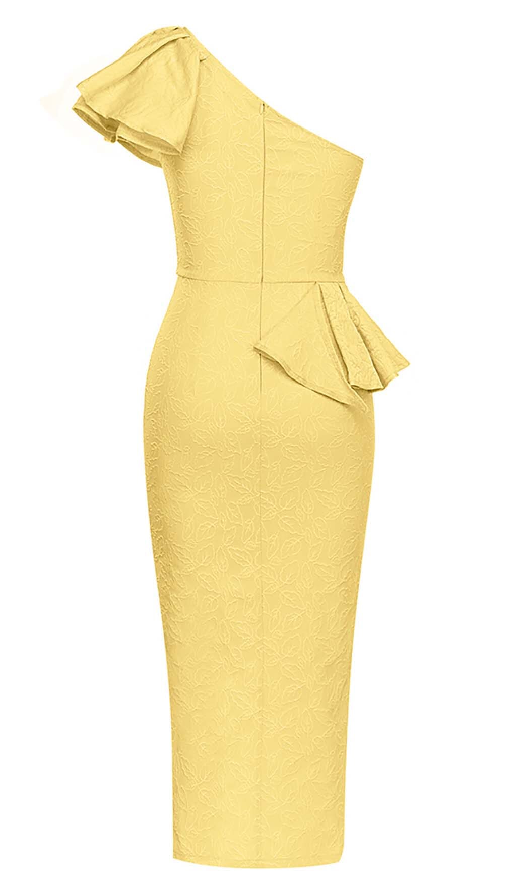 ONE SHOULDER RUFFLE MIDI DRESS IN YELLOW