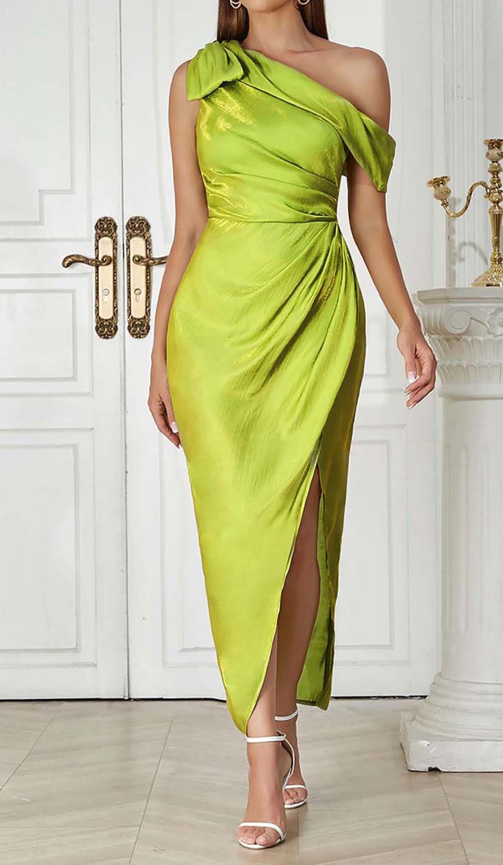 ONE SHOULDER SIDE ASYMMETRICAL MIDI DRESS IN GREEN – Aesvs