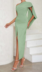 ONE SHOULDER SLIT MAXI DRESS IN PALE GREEN