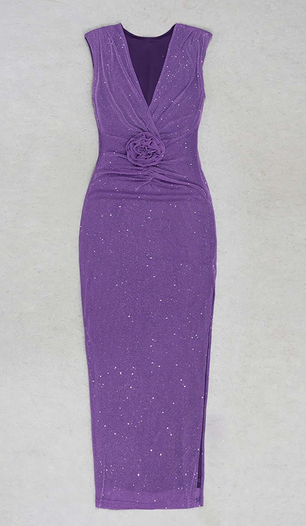 PLUNGE GLITTER BANDAGE MIDI DRESS IN AMETHYST