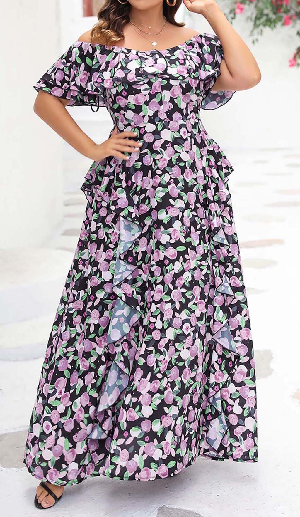 PLUS SIZE FLORAL RUCHED SLIT MIDI DRESS