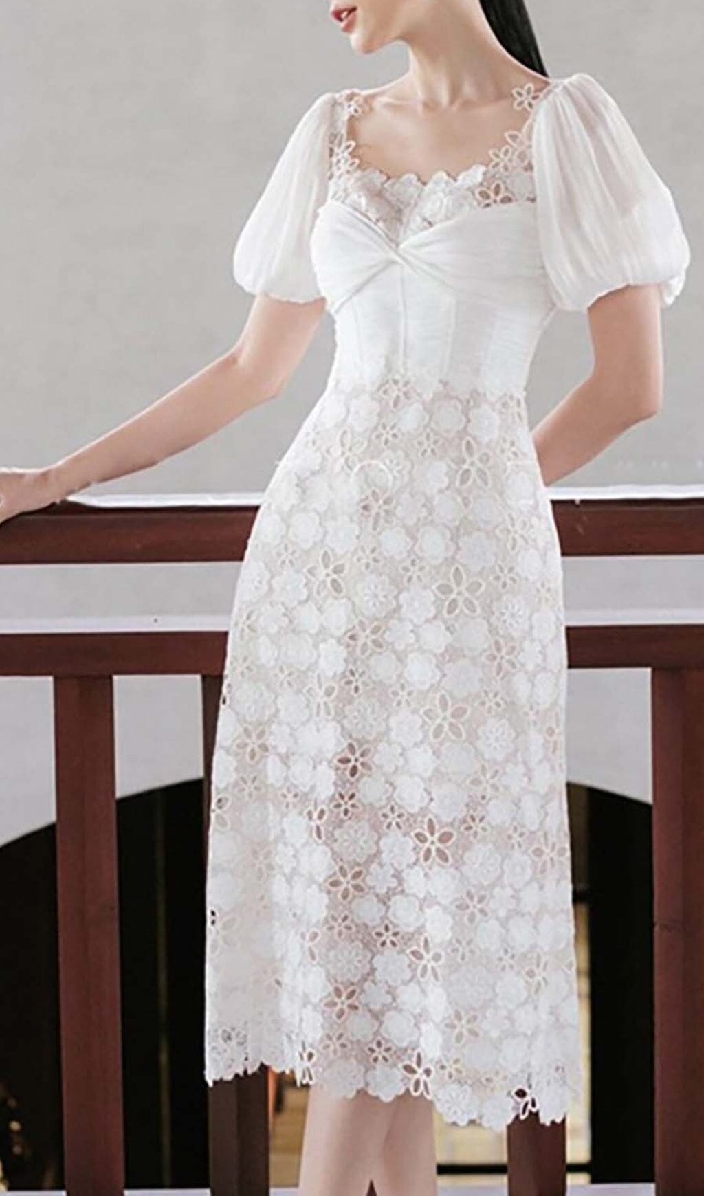 PUFF SLEEVE LACE MIDI DRESS IN WHITE – Aesvs
