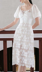 PUFF SLEEVE LACE MIDI DRESS IN WHITE