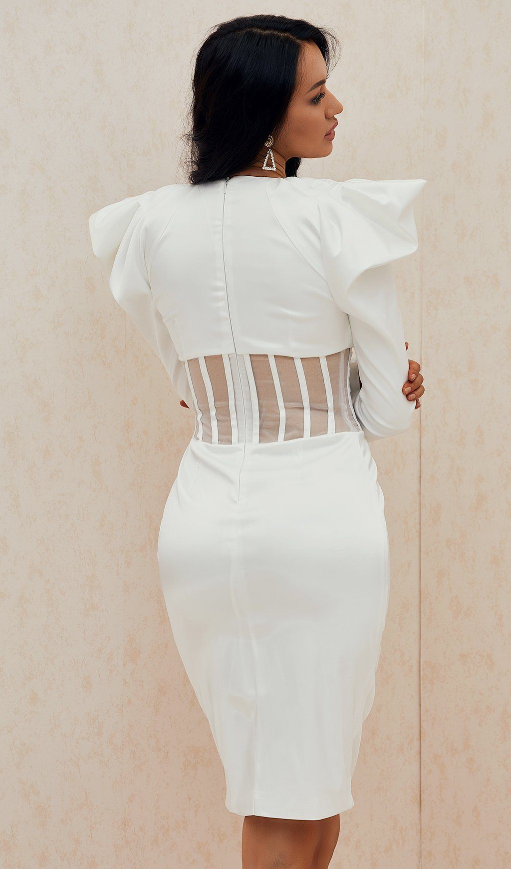 PUFF SLEEVE MESH MIDI DRESS IN WHITE