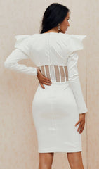 PUFF SLEEVE MESH MIDI DRESS IN WHITE