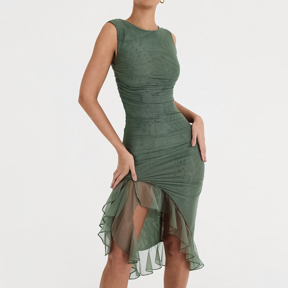 RUCHED IRREGULAR CORSET DRESS IN GREEN