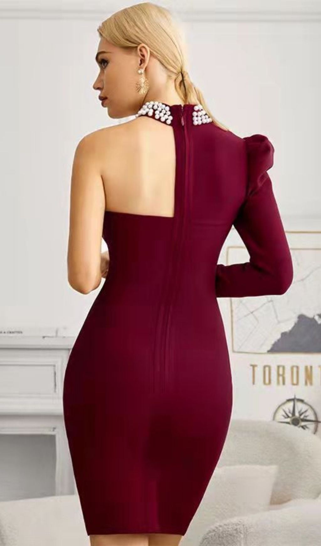 RED PEARL ONE SHOULDER MINI BANDAGE DRESS