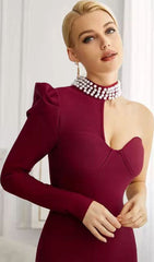 RED PEARL ONE SHOULDER MINI BANDAGE DRESS