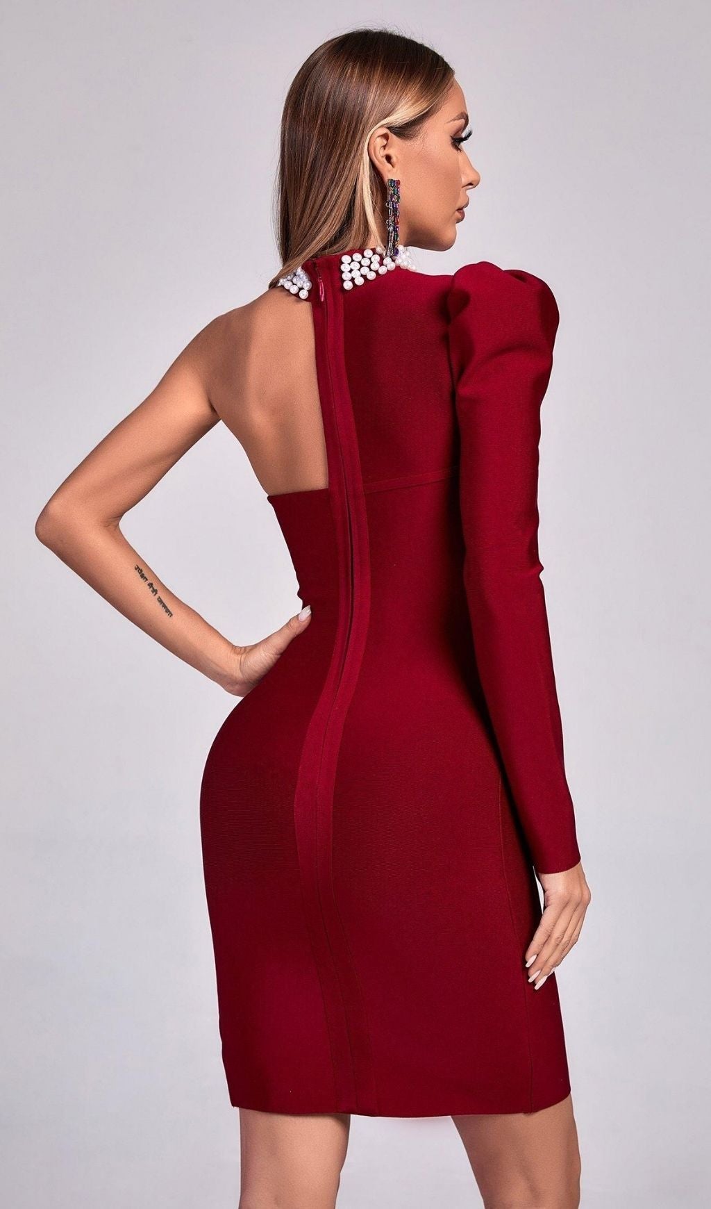 RED PEARL ONE SHOULDER MINI BANDAGE DRESS