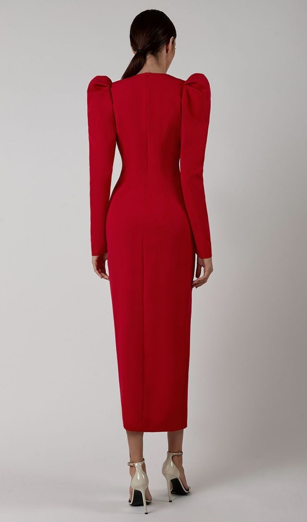 RED PUFF SEELVE BANDAGE MIDI DRESS