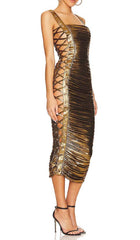 RUCHED METALLIC MIDI DRESS IN GOLD