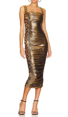 RUCHED METALLIC MIDI DRESS IN GOLD