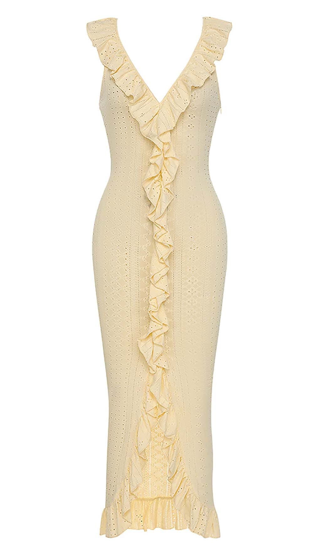 RUCHED RUFFLE TRIM MIDI DRESS
