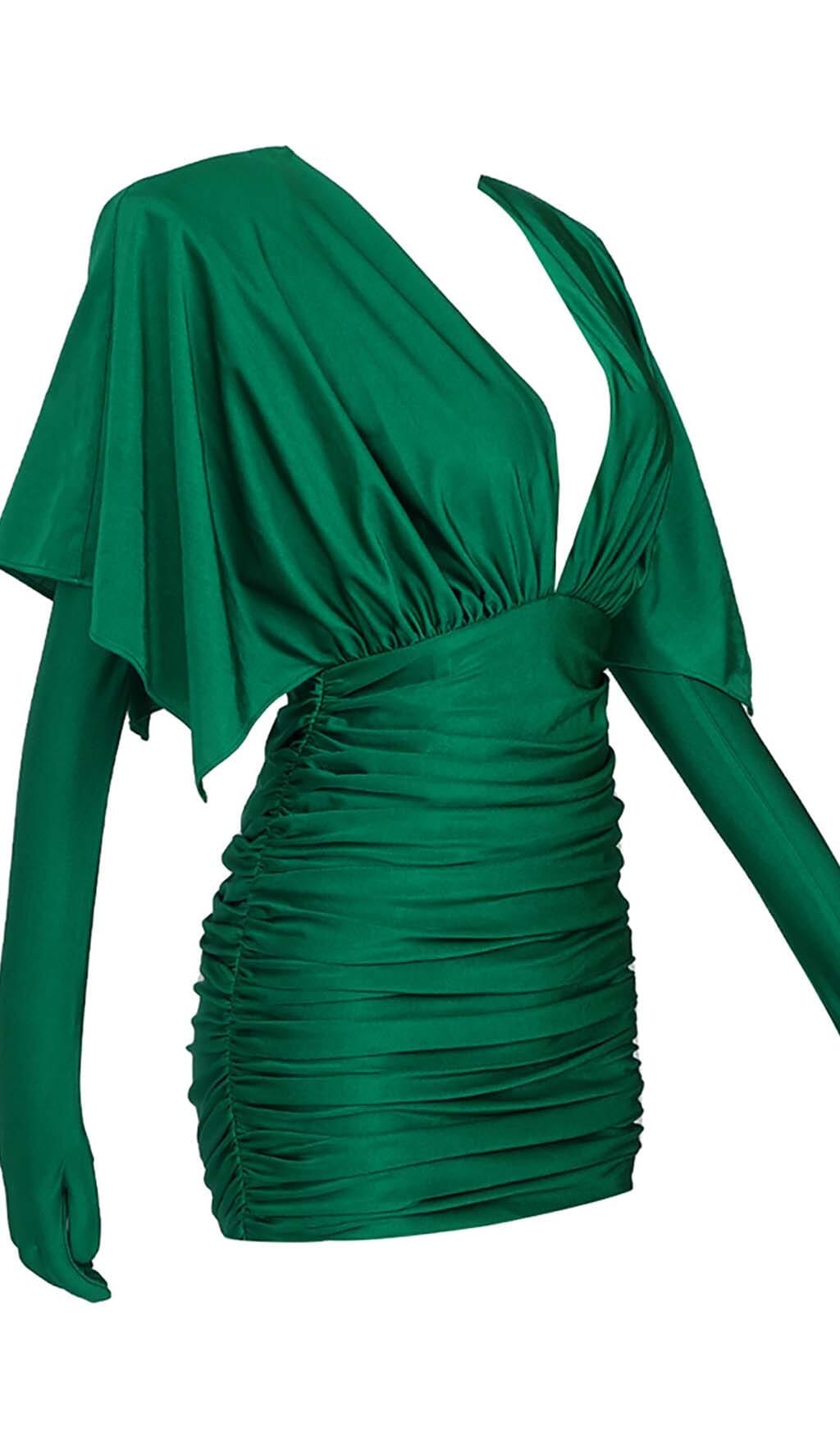 RUCHED SATIN MINI DRESS IN GREEN