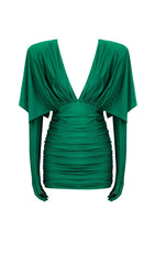 RUCHED SATIN MINI DRESS IN GREEN