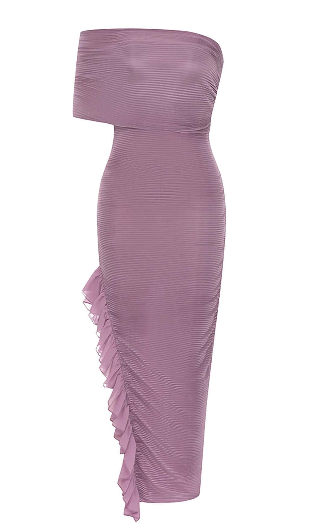 RUFFED OFF SHOULDER HIGH LOW DRESS IN LAVENDER – Aesvs