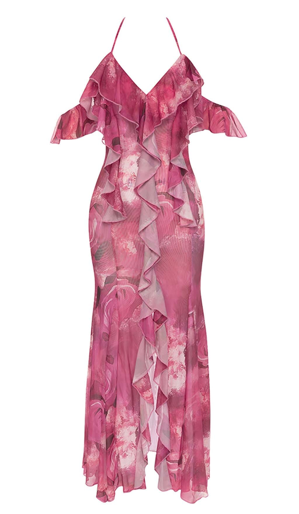 RUFFLE-TRIM PAISLEY-PRINT MAXI DRESS IN PINK