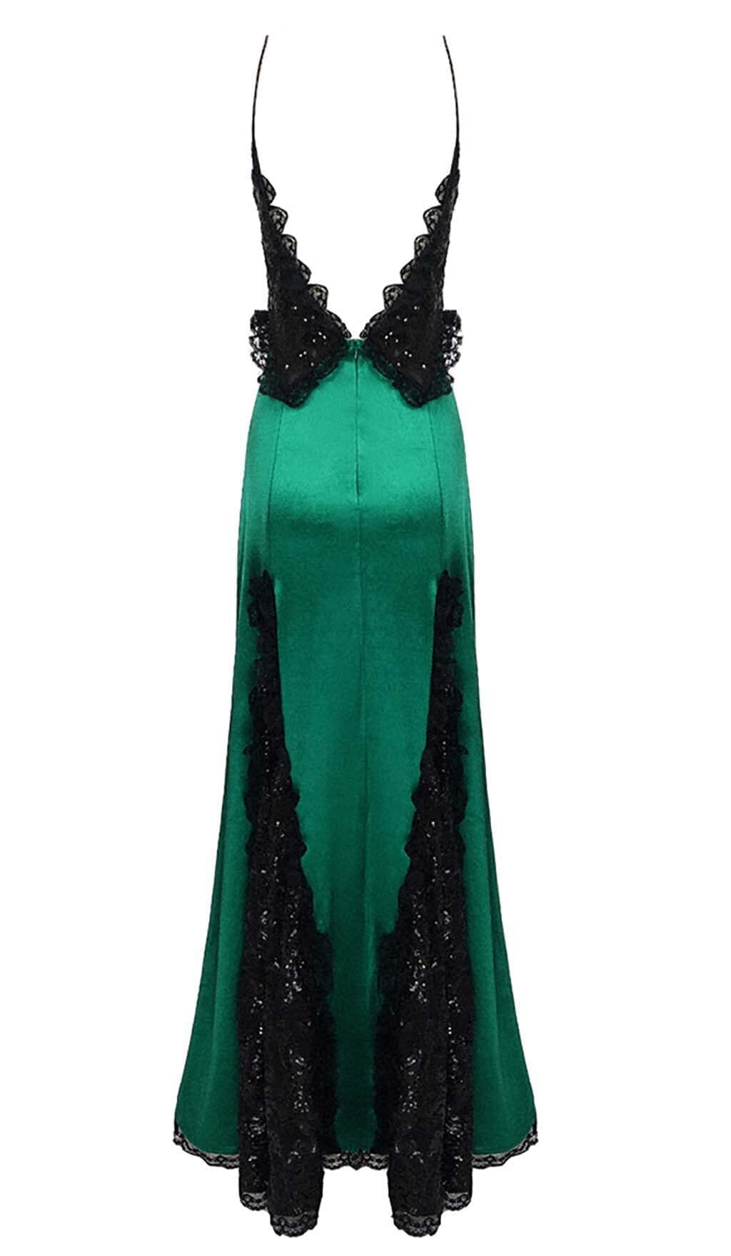 RUFFLED SILK SATIN MAXI DRESS IN GREEN